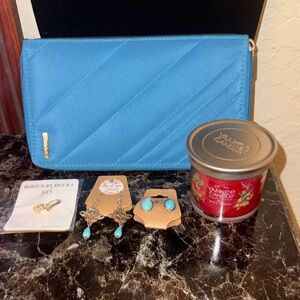 Samsonite Quilted Blue Travel Wallet, Yankee Candle, Two earrings, Heart Brooch